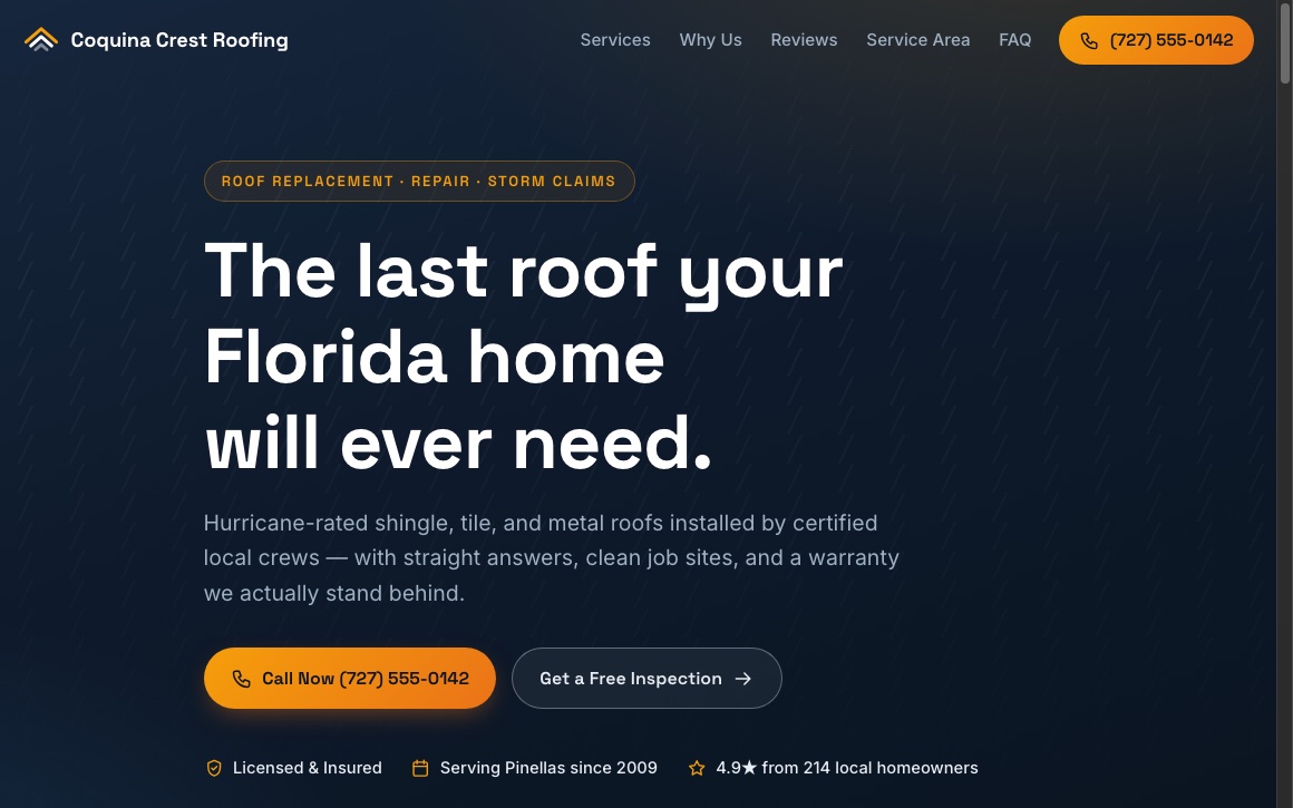 Coquina Crest Roofing concept website homepage