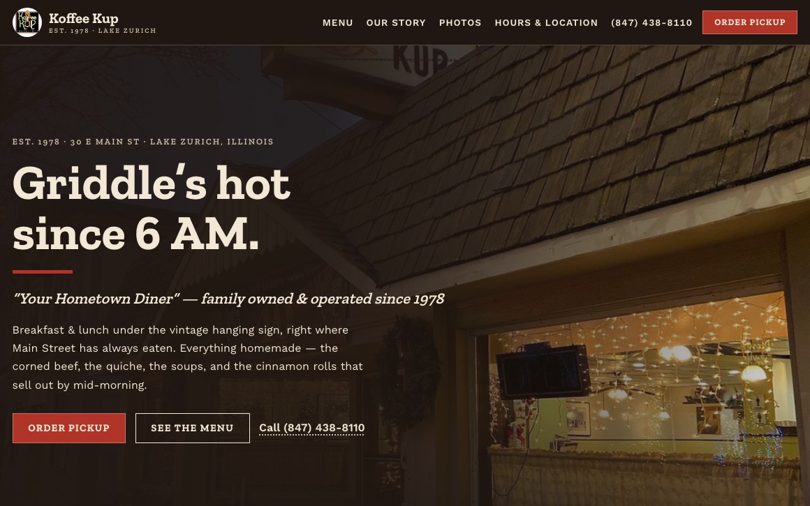 Koffee Kup Diner website homepage
