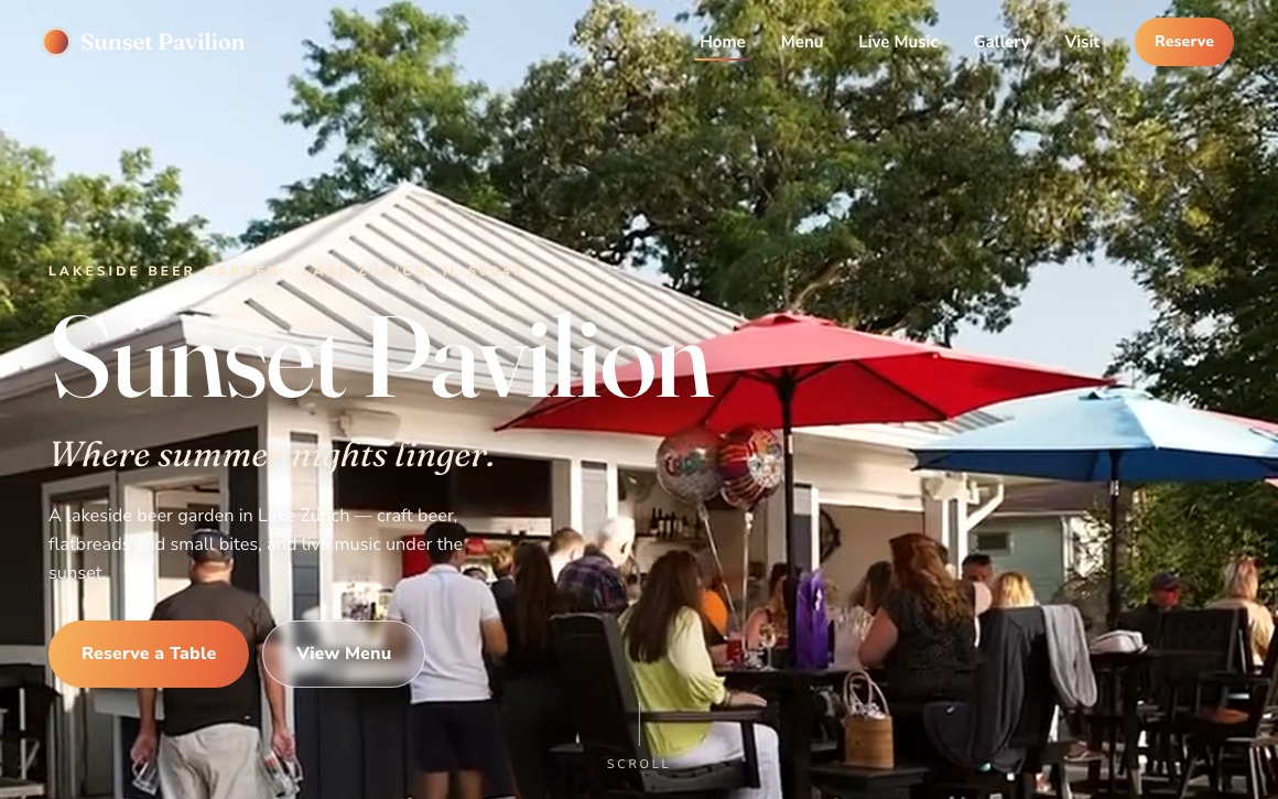 Sunset Pavilion beer garden website homepage